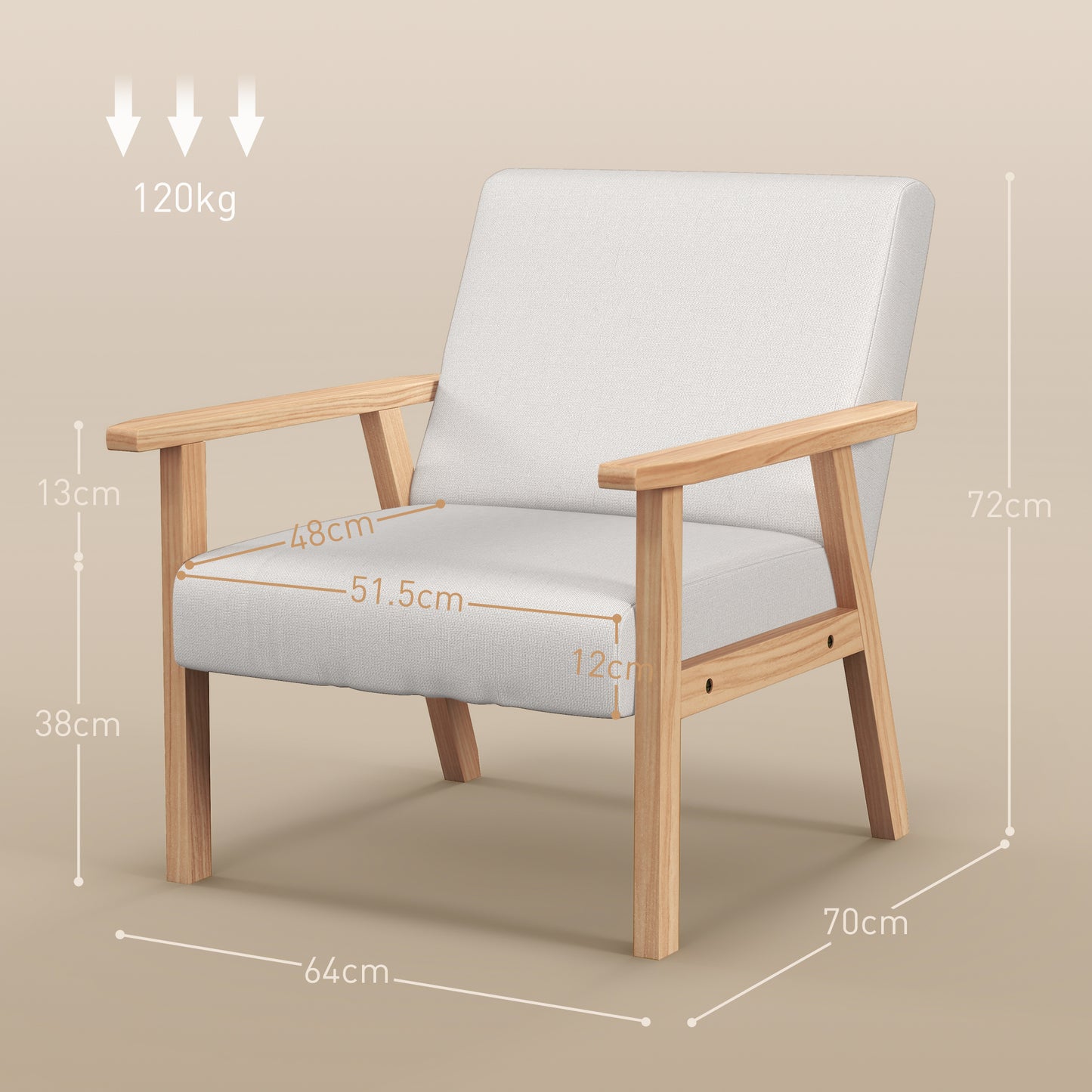 Modern Armchair, Linen Upholstered Accent Chair with Solid Wood Legs and Wide Seat