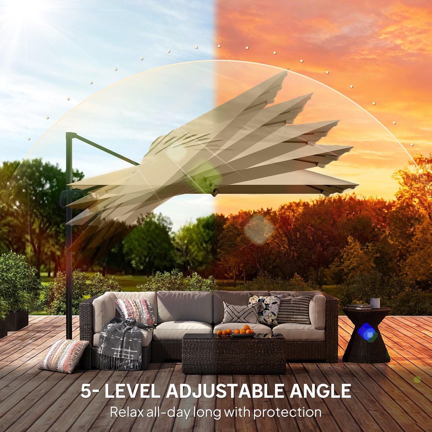 3 x 3 m Cantilever Parasol, Square Patio Umbrella with Crank Handle, Cross Base, Tilt, 360° Rotation, Khaki