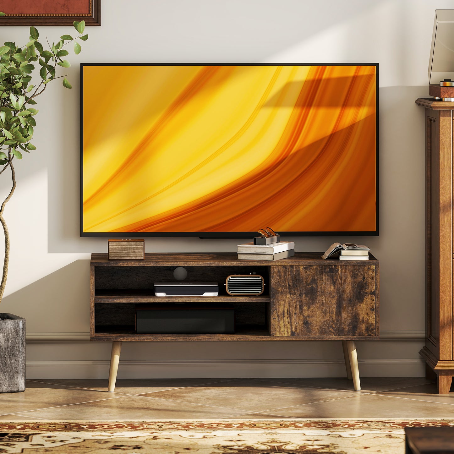 TV Stand up to 55 Inches, TV Unit with Open Shelves and Cable Holes - Brown