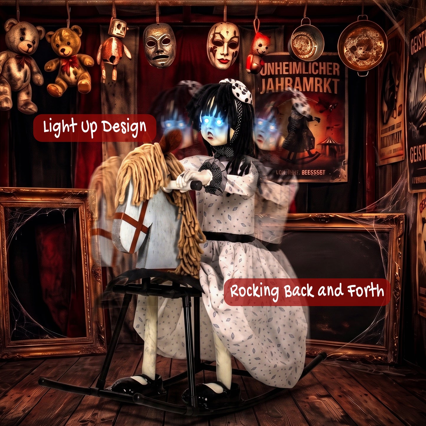 Animated Halloween Girl Riding Horse, Halloween Animatronics with Creepy Rhymes, Glowing Eyes, Sound/Touch Activated