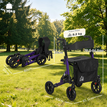 Folding Rollator Walker with Seat, Backrest, Lightweight Walking Frame with Storage Bag, Dual Brakes