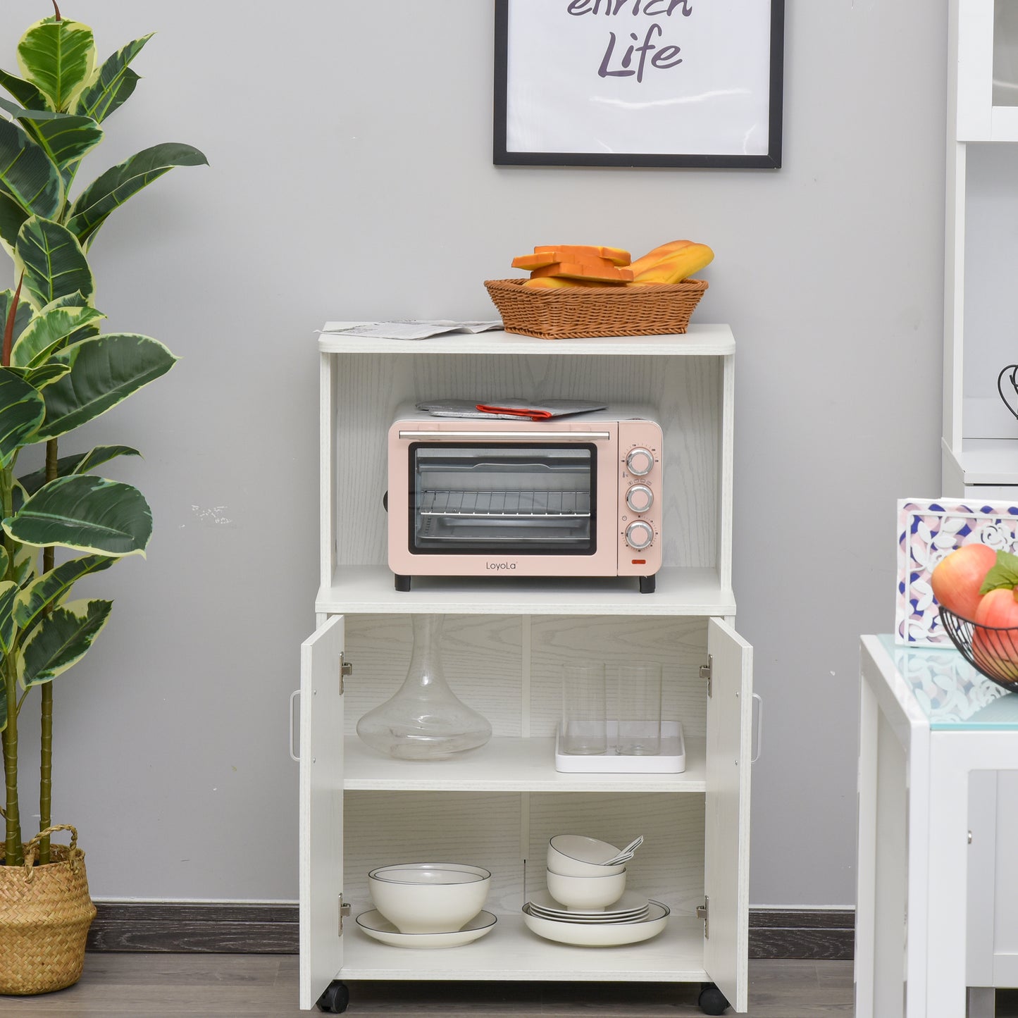 Kitchen Storage Unit, Modern Microwave Stand Trolley Cart, Sideboard with Cabinet, Locking Wheels, Shelf for Living Room