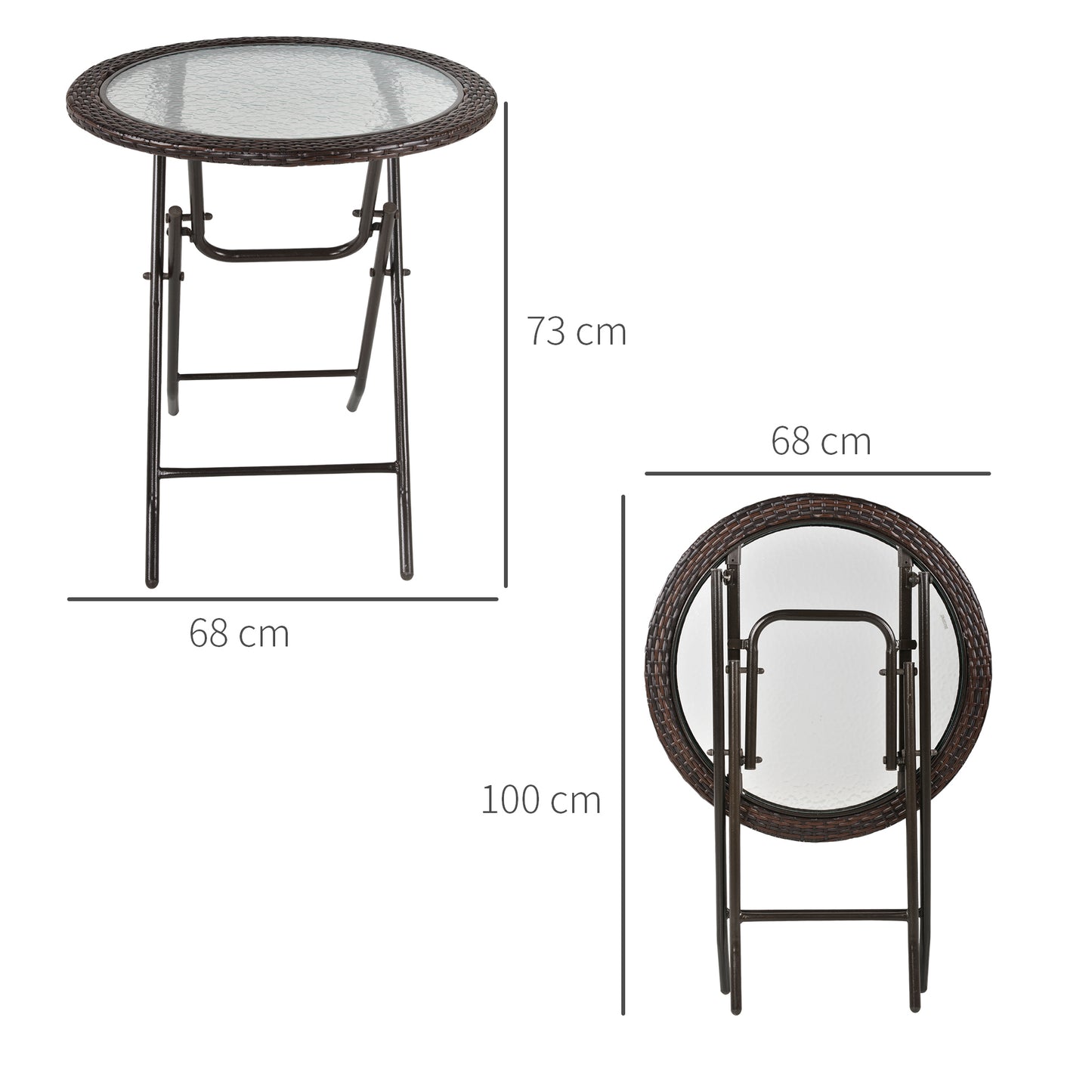 Folding Rattan Garden Dining Table, 68 cm Round Rattan Garden Table with Water Ripple Tempered Glass Top