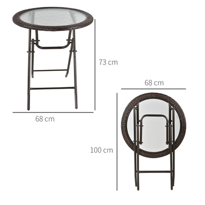 Folding Rattan Garden Dining Table, 68 cm Round Rattan Garden Table with Water Ripple Tempered Glass Top