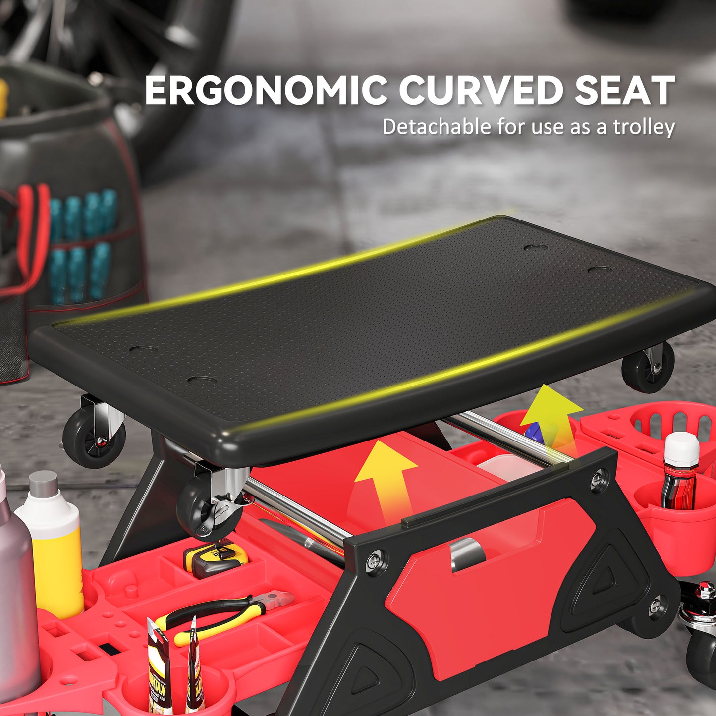 Rolling Mechanic Stool, 135kg Capacity Workshop Stool with 360° Swivel Wheels, Roller Creeper Seat with Slide Out Tool Trays