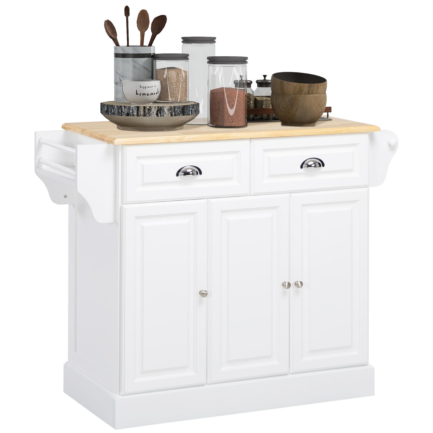Kitchen Island with Storage Rolling Kitchen Serving Cart with Rubber Wood Top Towel Rack Storage Drawer Cabinet White
