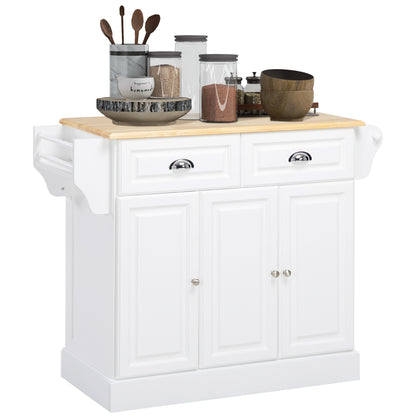 Kitchen Island with Storage Rolling Kitchen Serving Cart with Rubber Wood Top Towel Rack Storage Drawer Cabinet White