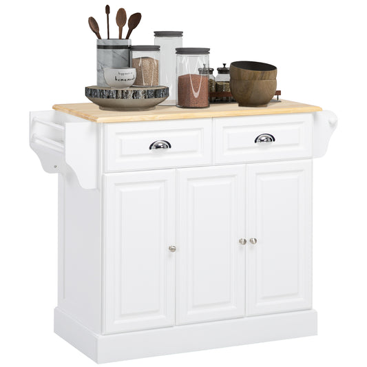 Kitchen Island with Storage Rolling Kitchen Serving Cart with Rubber Wood Top Towel Rack Storage Drawer Cabinet White