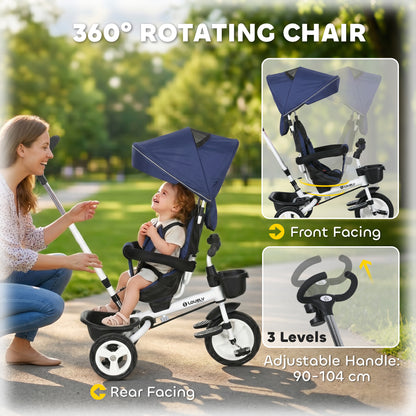Metal Frame 6 in 1 Baby Push Tricycle with Parent Handle for 1-5 Years Old, Dark Blue