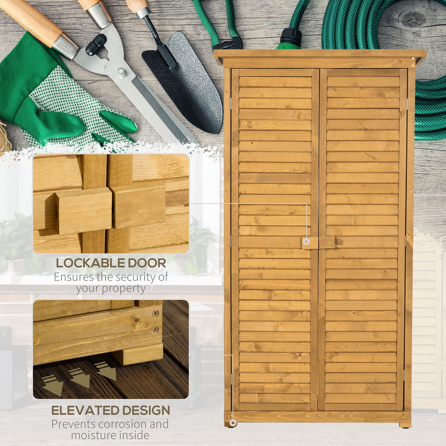 Wooden Garden Storage Shed with Shelves, Outdoor Tool Cabinet with Asphalt Roof for Patio Organisation, 87cm x 47cm x 160cm