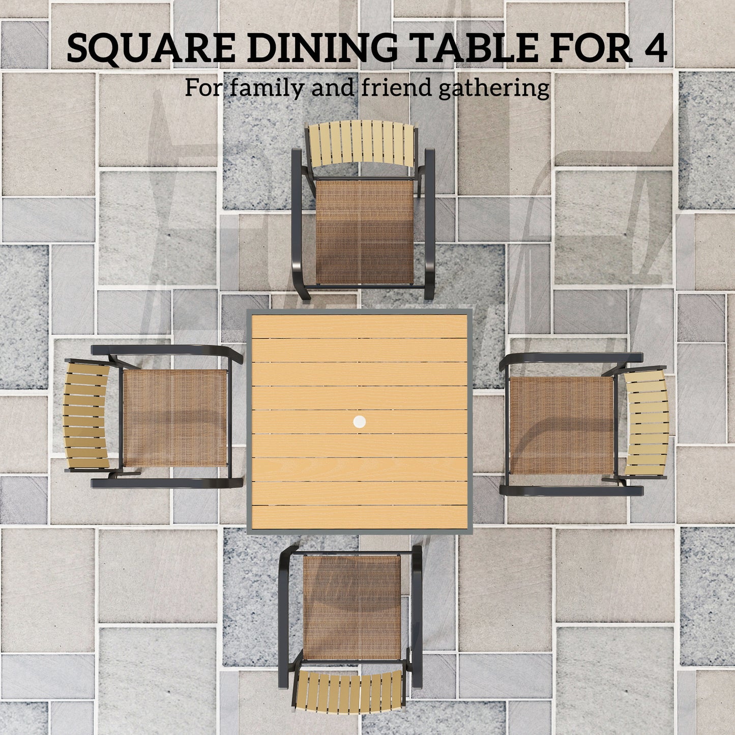 Garden Table for 4, 90 cm Rectangular Outdoor Dining Table with 4.2 cm Umbrella Hole, Wood Effect Top, Rust Resistant Frame