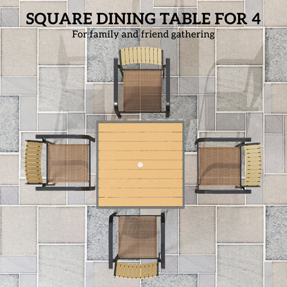 Garden Table for 4, 90 cm Rectangular Outdoor Dining Table with 4.2 cm Umbrella Hole, Wood Effect Top, Rust Resistant Frame