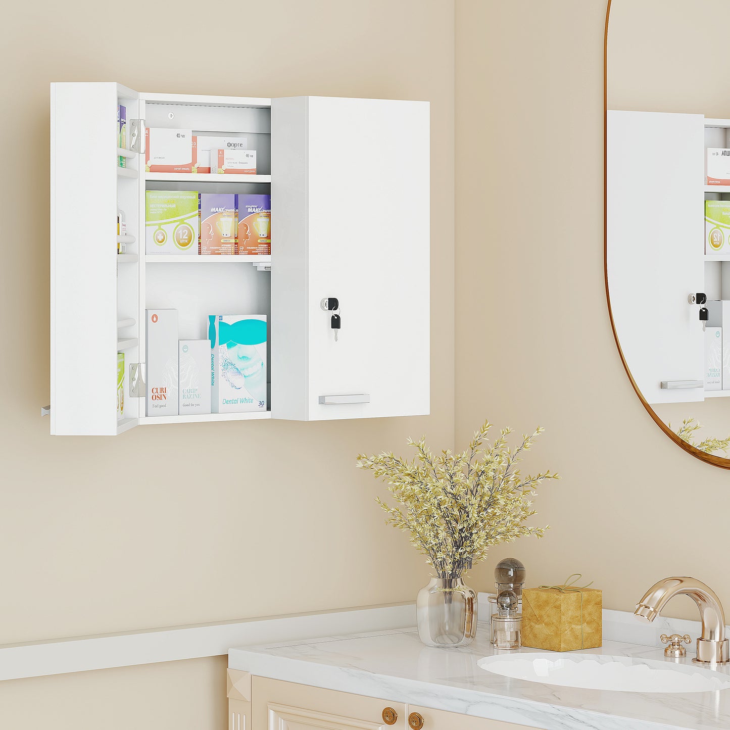 Wall Mount Medicine Cabinet with Key Lock, 3 Tier First Aid Cabinet with 2 Doors and 11 Storage Compartments, White