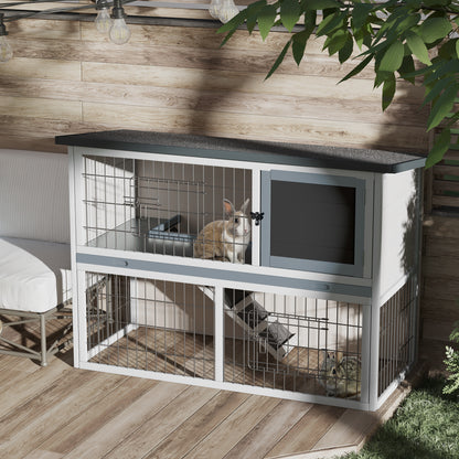 2-Tier Wooden Rabbit Hutch Guinea Pig House Bunny Cage Backyard w/ Openable Roof Small Animal House for Outdoor Grey