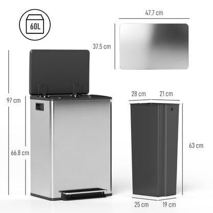 60L Dual Compartment Stainless Steel Bin, with Deodoriser Holders - Silver Tone
