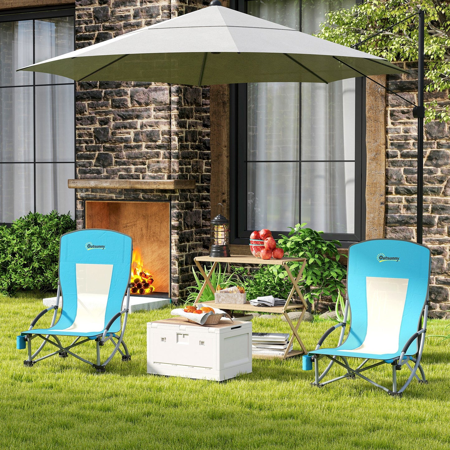 Set of 2 Folding Beach Chair, Low Camping Chair with Mesh Back