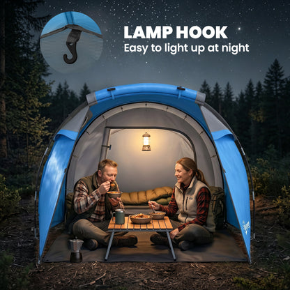 2 Man Tunnel Tent with Sewn-in Groundsheet, Air Vents, Rainfly, 2000mm Large Camping Tent with Bedroom, Porch