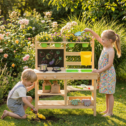 Kids Mud Kitchen, Outdoor Wooden Play Kitchen with Kitchenware & Garden Tools, Pretend Play Outdoor Toys, Natural