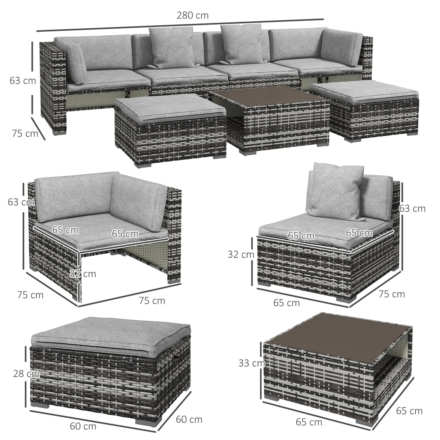 Seven-Piece Rattan Patio Furniture Set, with Cushions - Grey
