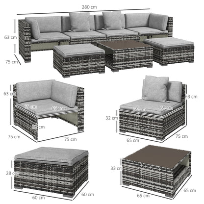 Seven-Piece Rattan Patio Furniture Set, with Cushions - Grey