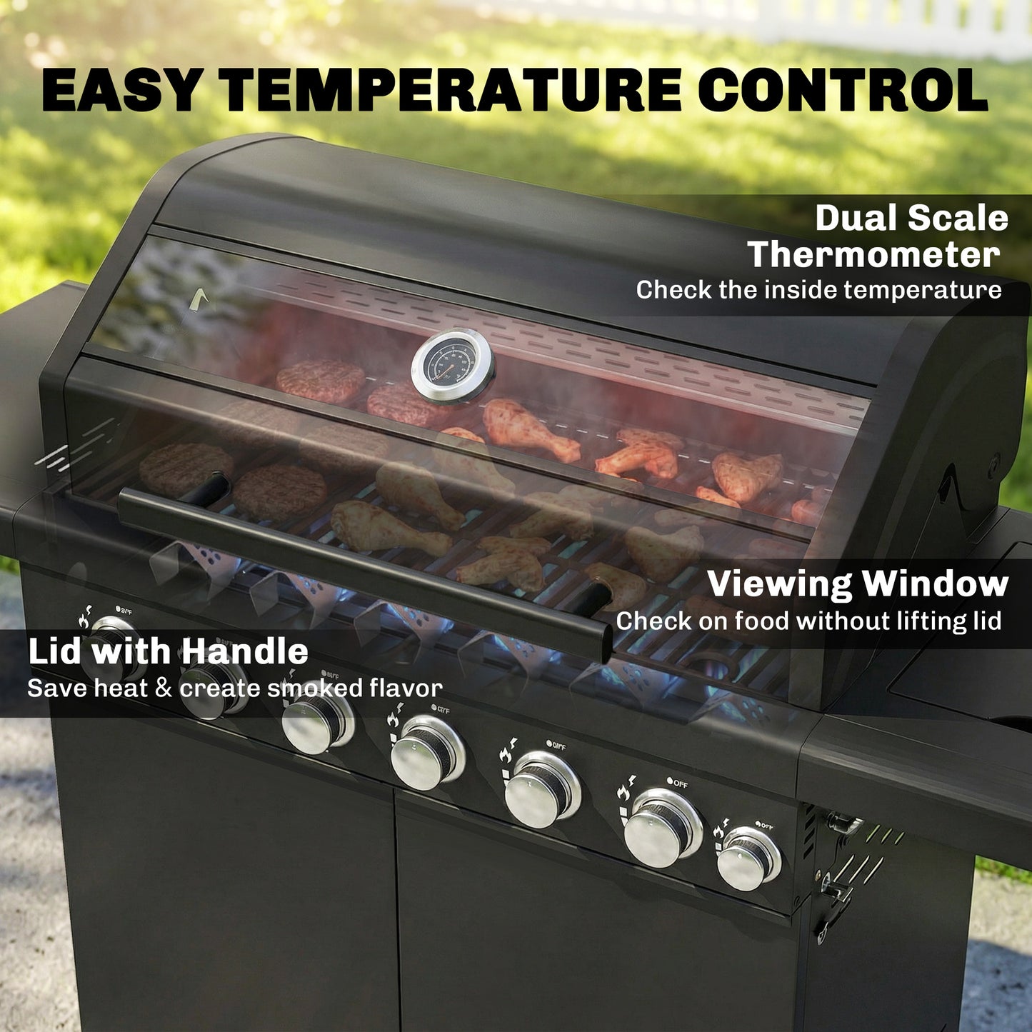 6+1 Burner Gas BBQ Grill, Outdoor Barbecue Trolley with Wheels, Warming Rack, Thermometer, Bottle Opener, Black