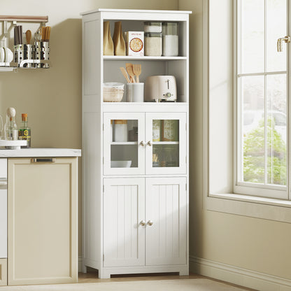 Freestanding Kitchen Cupboard, 4-Door Storage Cabinet with Adjustable Shelf and Glass Doors for Dining Room, Living Room