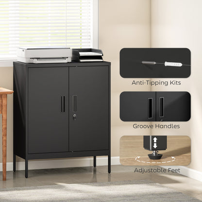 Metal Storage Cabinet with Lock and Adjustable Shelves - Black