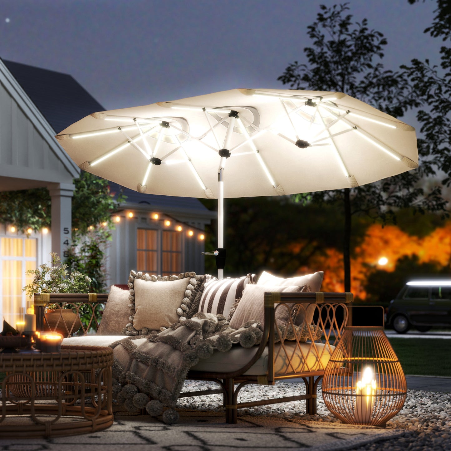 3 m Double-Sided Garden Parasol with LED Solar Lights, Tilt, Outdoor Extra Large Sun Umbrella with Crank Handle, Cream