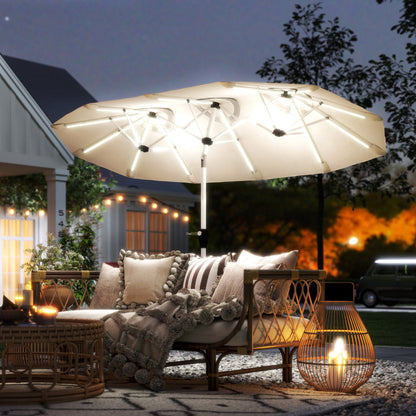 3 m Double-Sided Garden Parasol with LED Solar Lights, Tilt, Outdoor Extra Large Sun Umbrella with Crank Handle, Cream