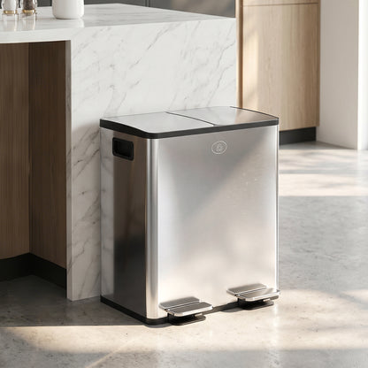 40L Dual Compartment Stainless Steel Bin, with Deodoriser Holders - Silver Tone