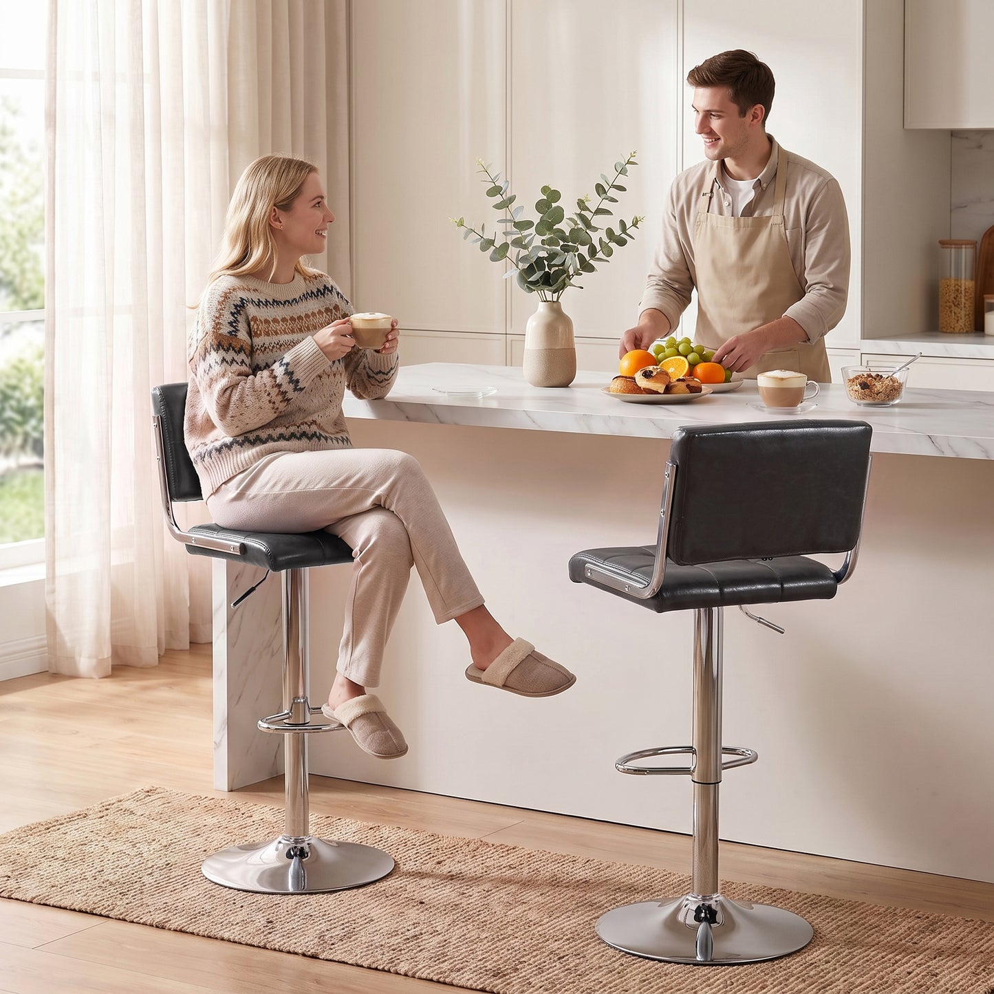 Bar Stools Modern PU Leather Adjustable Breakfast Bar Stools Backrest Set of 2 Grey