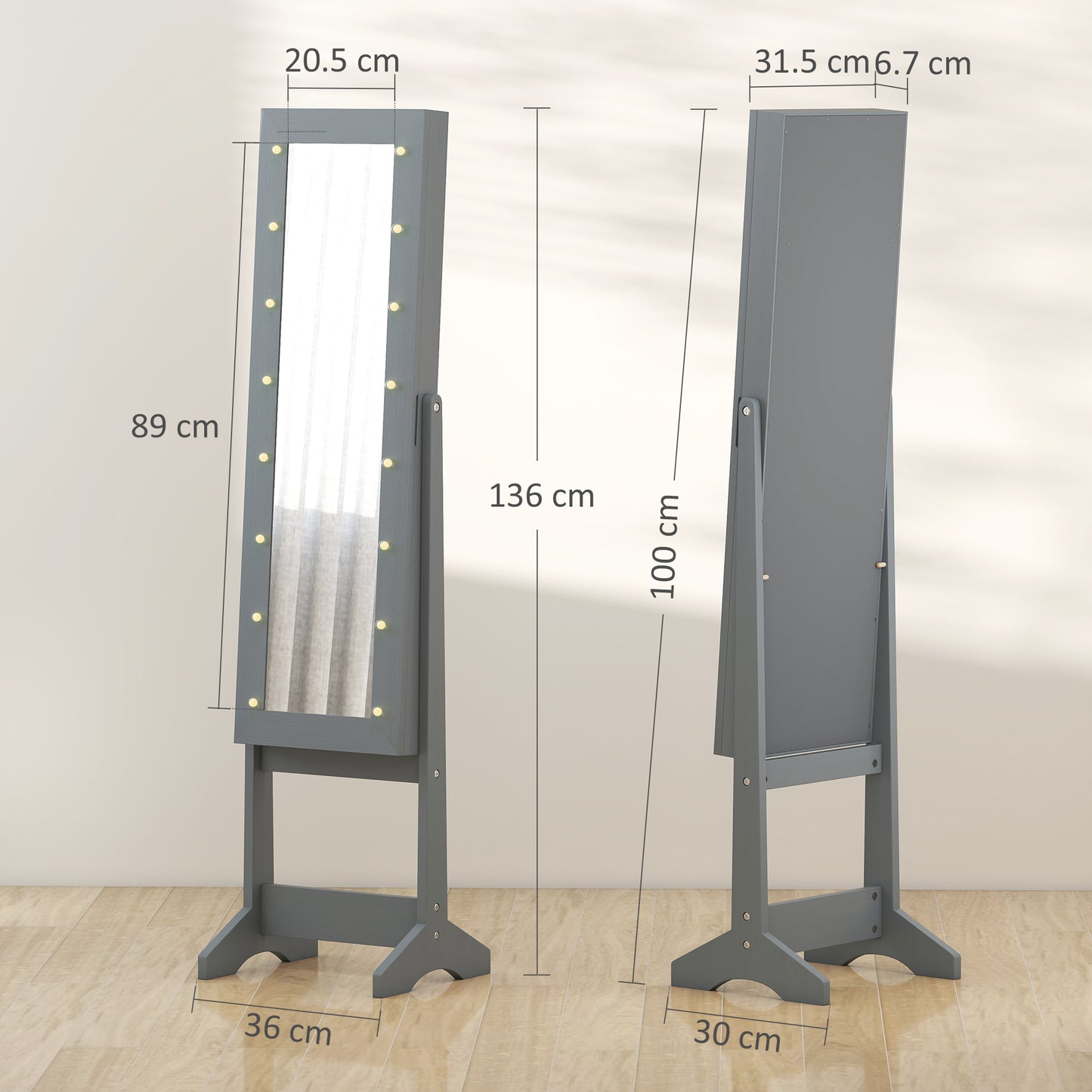 Freestanding Mirrored Jewellery Storage Cabinet - Grey