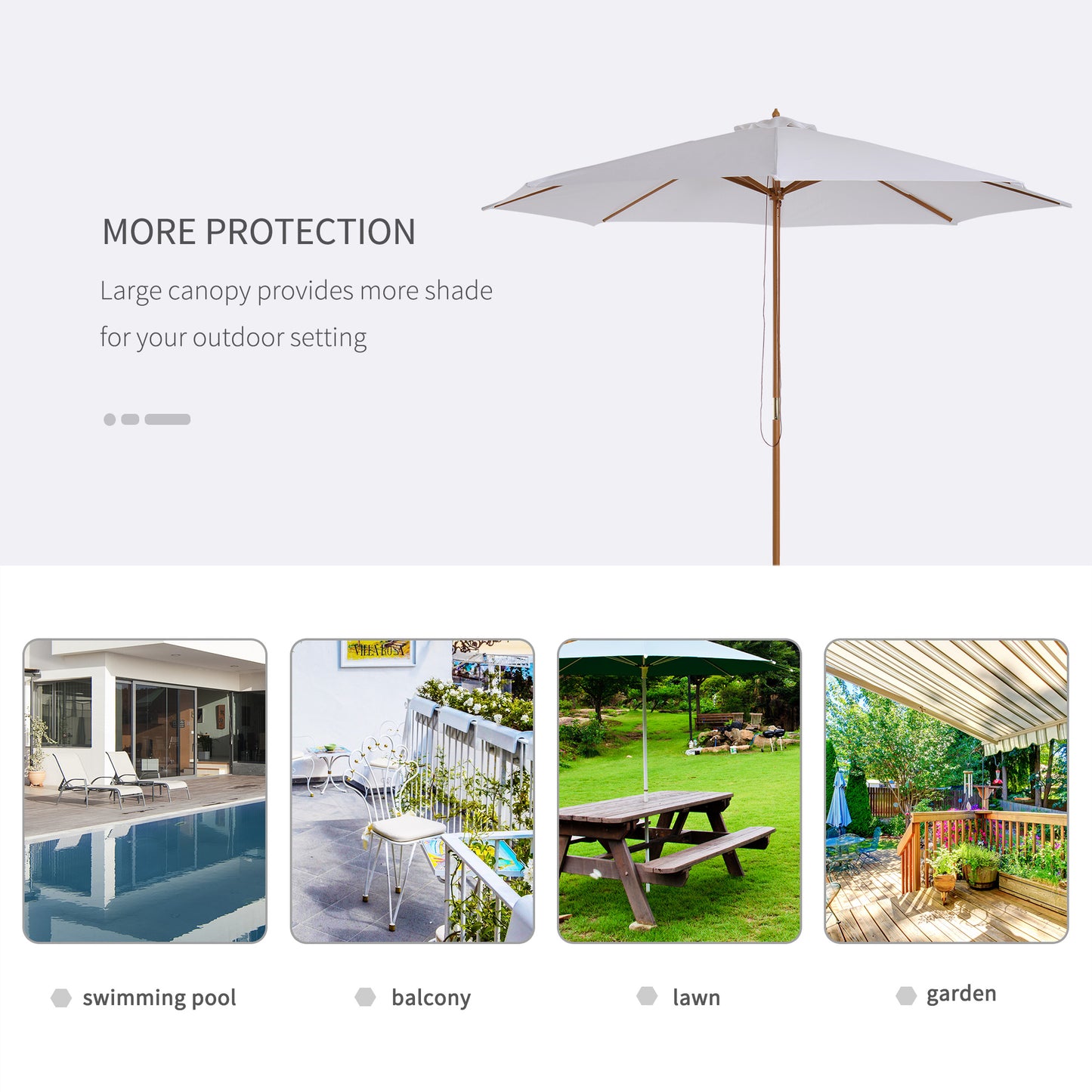 3(m) Garden Parasol, Pulley Operated Patio Umbrella, Wooden Table Market Umbrella with Rope Pulley Mechanism and 8 Ribs