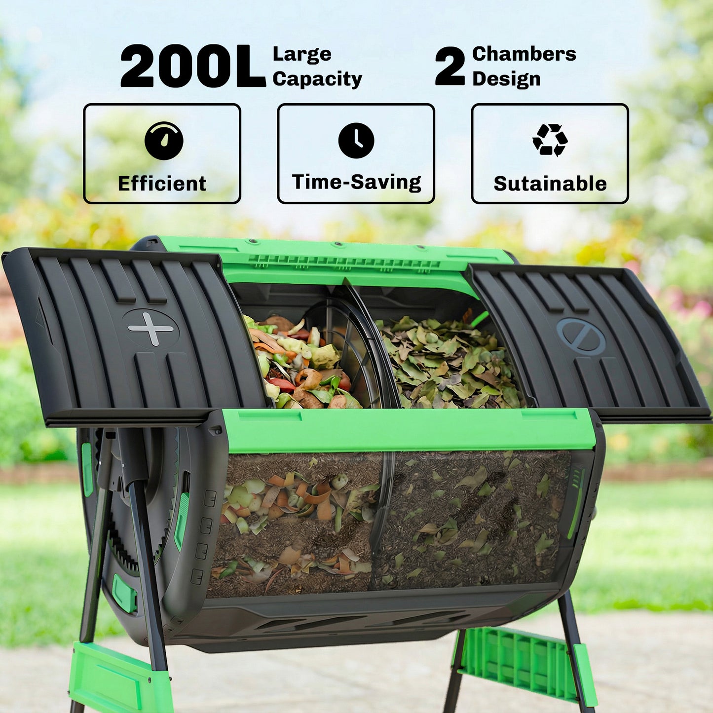Garden Compost Bin, 200L Dual Chamber Tumbling Composter with Adjustable Vents, BPA Free Compost Tumbler, Green