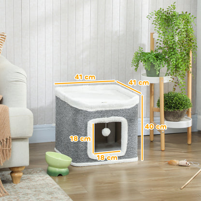 Cat House for Indoor Kittens, 2-Level Cat Cave Bed with Fluffy Balls, Top Bed, Kitten Barrel for Multi Kitties, Grey