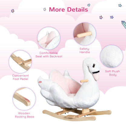 Kids Rocking Horse Plush Ride On Swan Toy w/ Safety Seat for Toddler 18 Months +, White and Pink