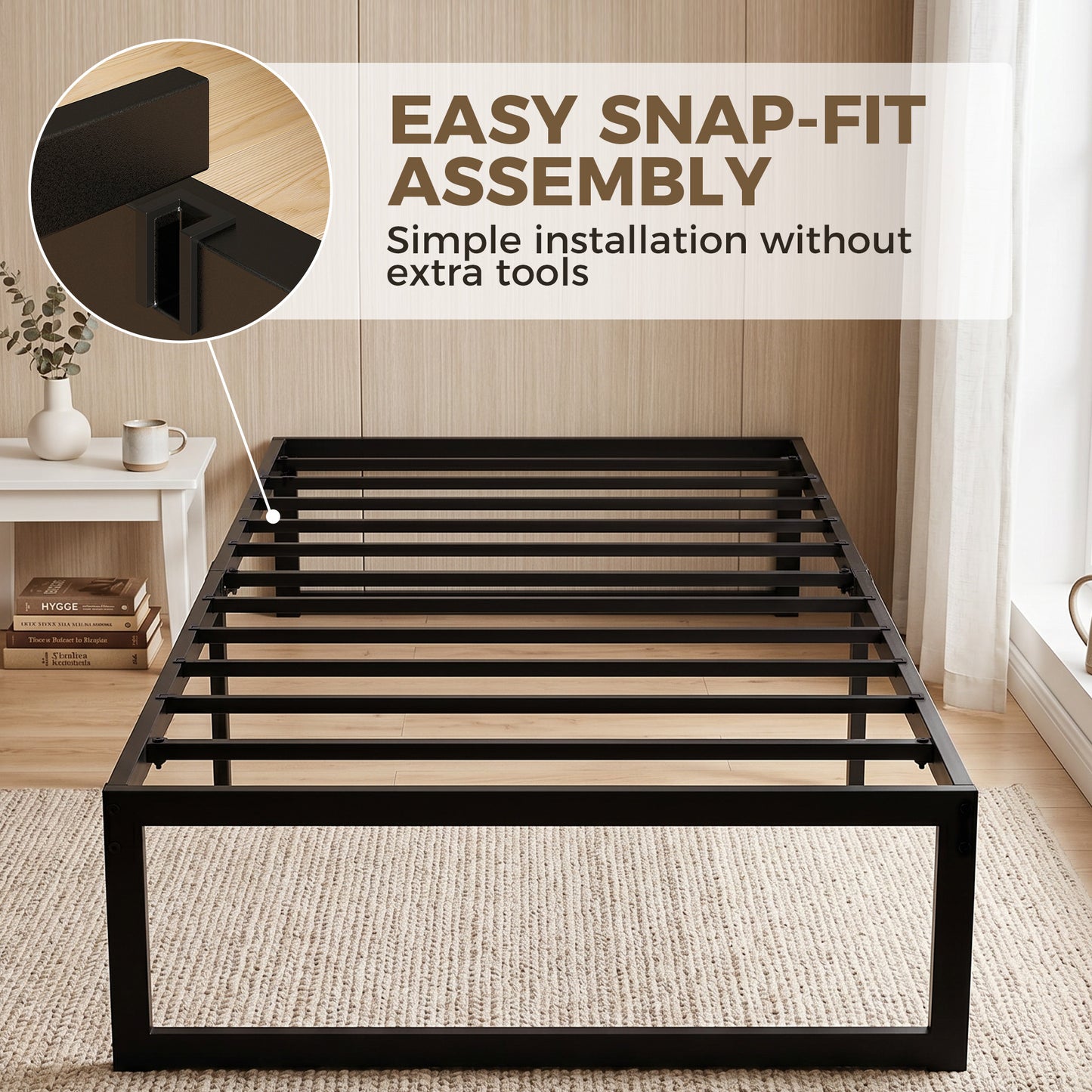 3ft Single Bed Frame with Underbed Storage and Steel Slat Support, 32.5 cm Height, Noise-Free, Black