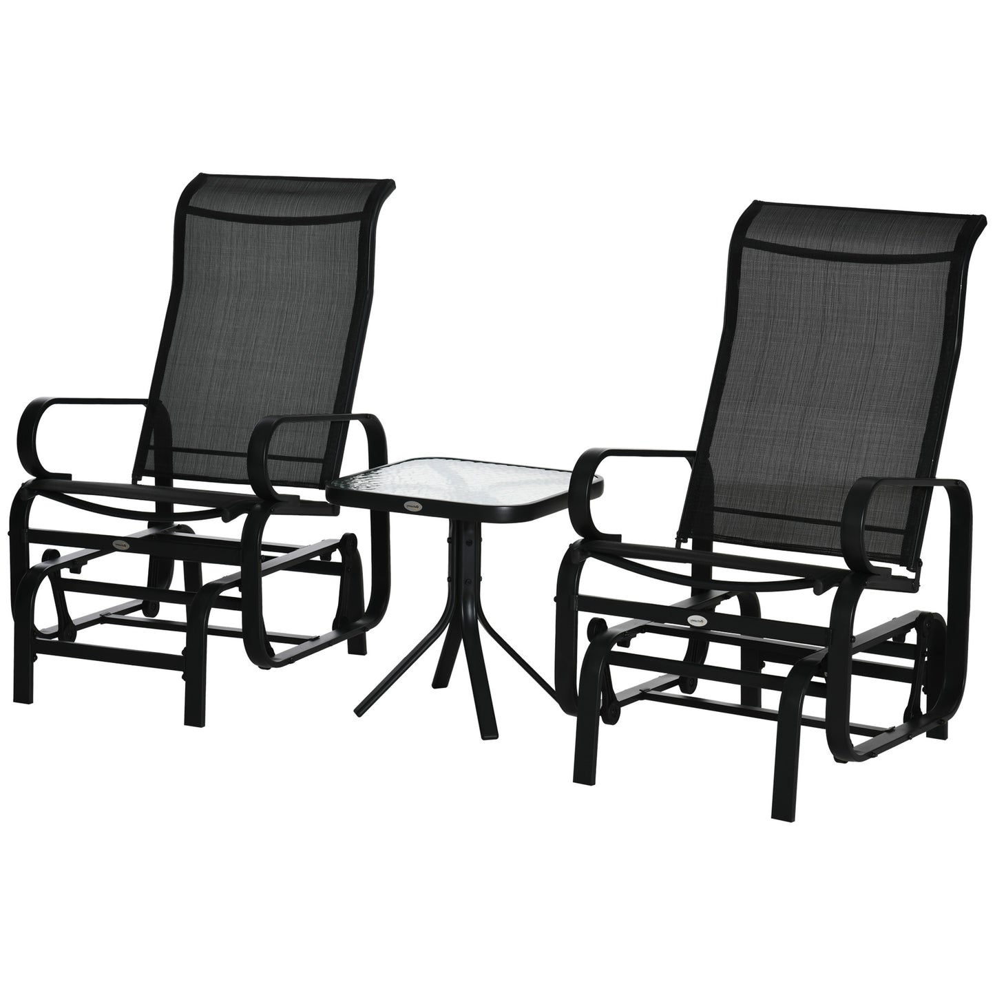3 Pieces Garden Gliding Chair Set, Metal Frame 2 Single Armchair Swing Seater and 1 Glass Top Coffee Table w/ Breath Mesh Fab