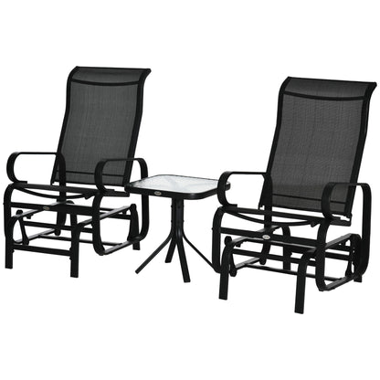 3 Pieces Garden Gliding Chair Set, Metal Frame 2 Single Armchair Swing Seater and 1 Glass Top Coffee Table w/ Breath Mesh Fab