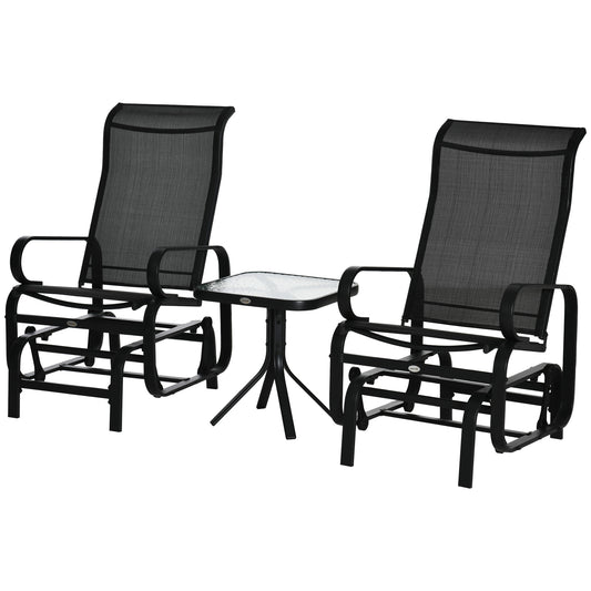 3 Pieces Garden Gliding Chair Set, Metal Frame 2 Single Armchair Swing Seater and 1 Glass Top Coffee Table w/ Breath Mesh Fab