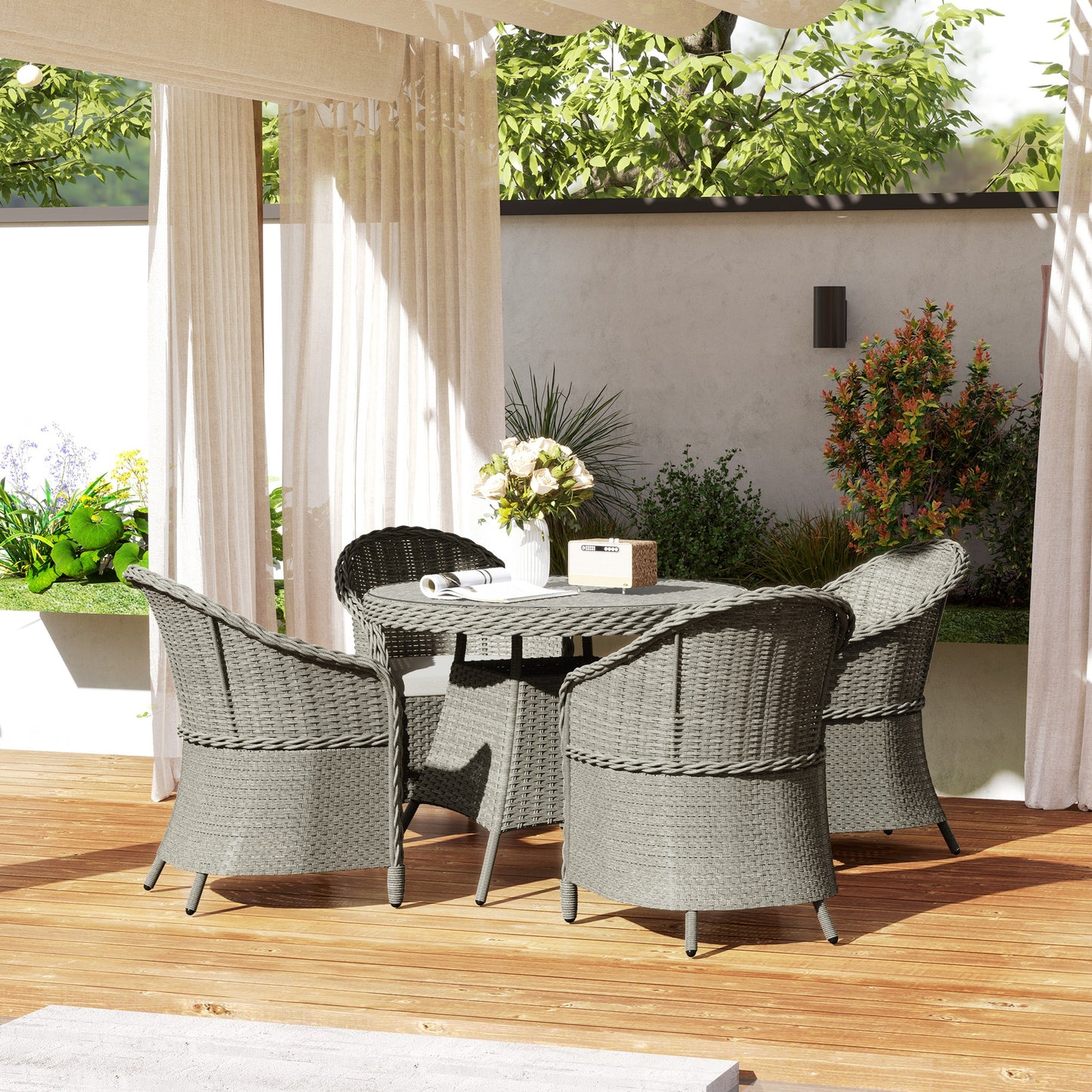 4 Seater Rattan Garden Furniture Set with Cushions, Round PE Rattan Dining Set with Glass-Top Table, Umbrella Hole