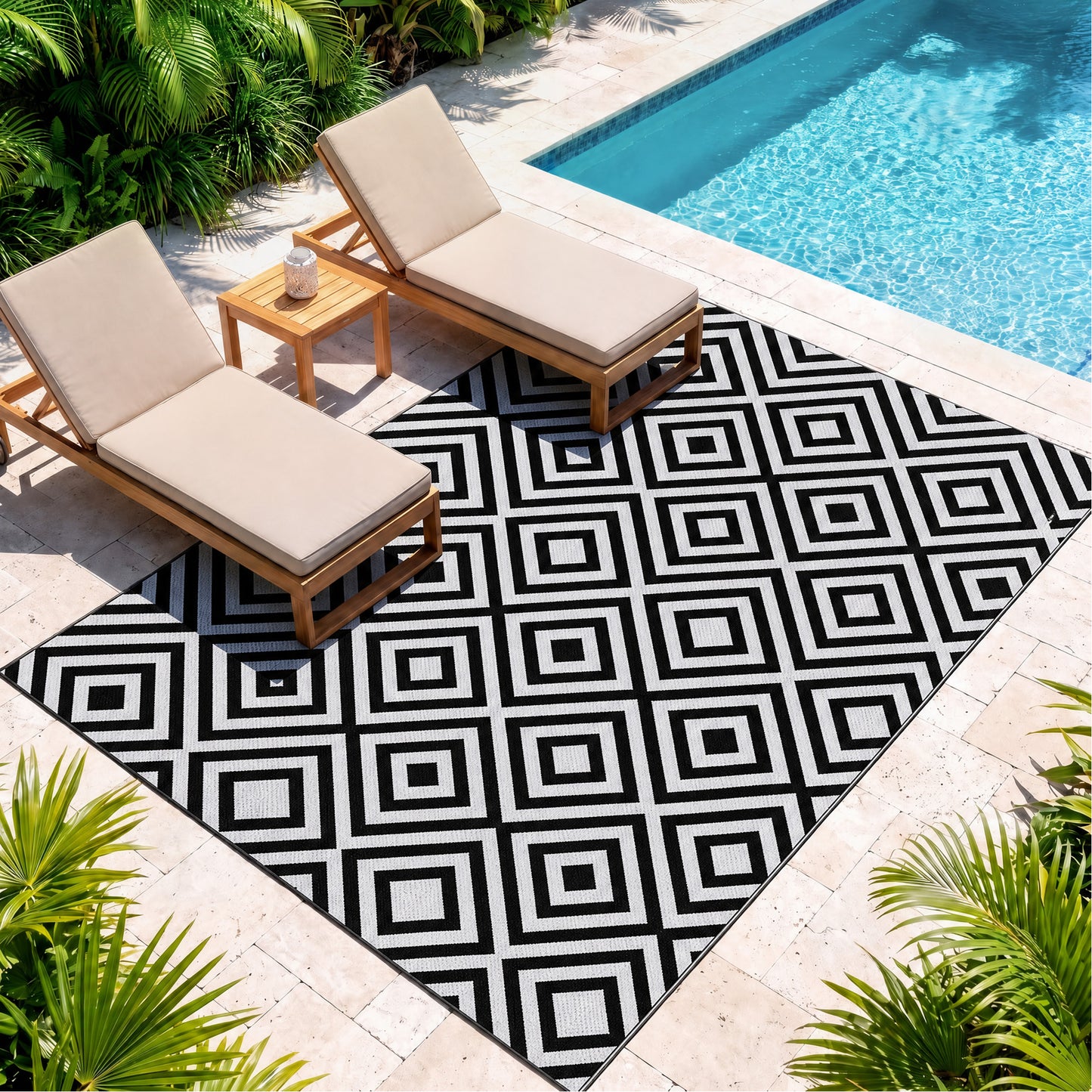 Reversible Outdoor Rug, Plastic Straw Mat w/ Carry Bag Ground Stakes for Garden RV Picnic Beach Camping 182x274cm Black