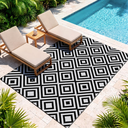 Reversible Outdoor Rug, Plastic Straw Mat w/ Carry Bag Ground Stakes for Garden RV Picnic Beach Camping 182x274cm Black