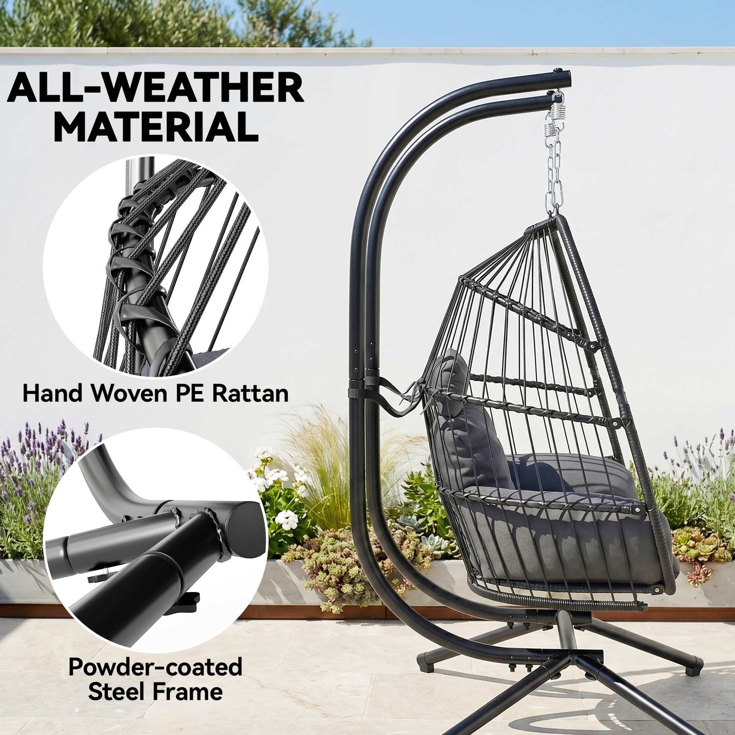 Rattan Double Hanging Egg Chair with Stand, Foldable Wicker Swing Egg Chair with Cushion, Head Pillows, Steel Frame