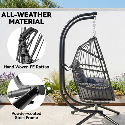 Rattan Double Hanging Egg Chair with Stand, Foldable Wicker Swing Egg Chair with Cushion, Head Pillows, Steel Frame