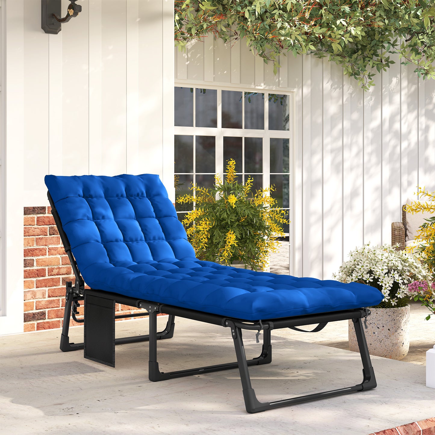 Folding Sun Lounger for Garden, 5-Position Oversized Camping Bed Recliner with Cushions, Blue