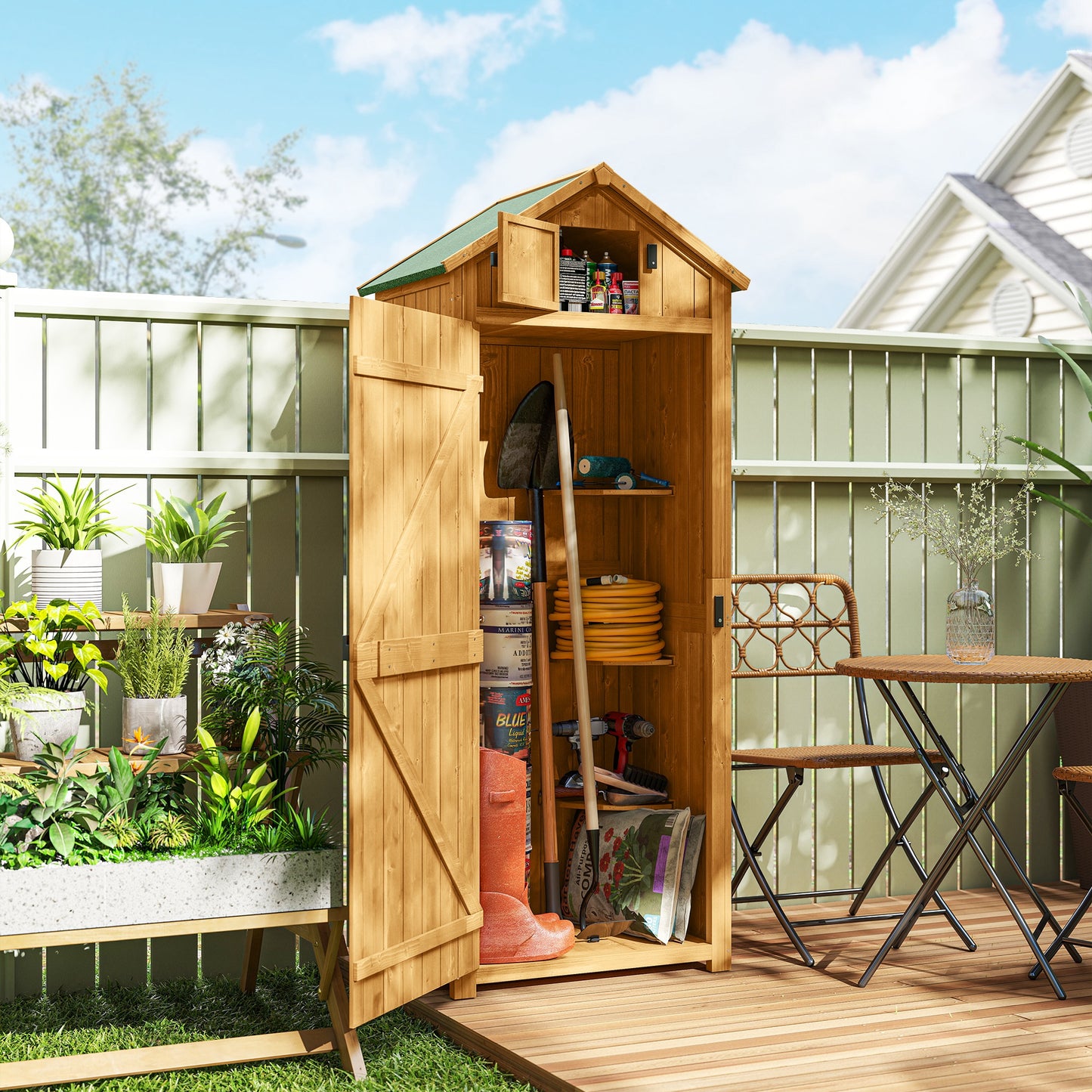 Garden Shed Wood Outdoor Garden Tool Storage Unit with 3 Detachable Shelves, 77 x 54.2 x 179cm, Brown