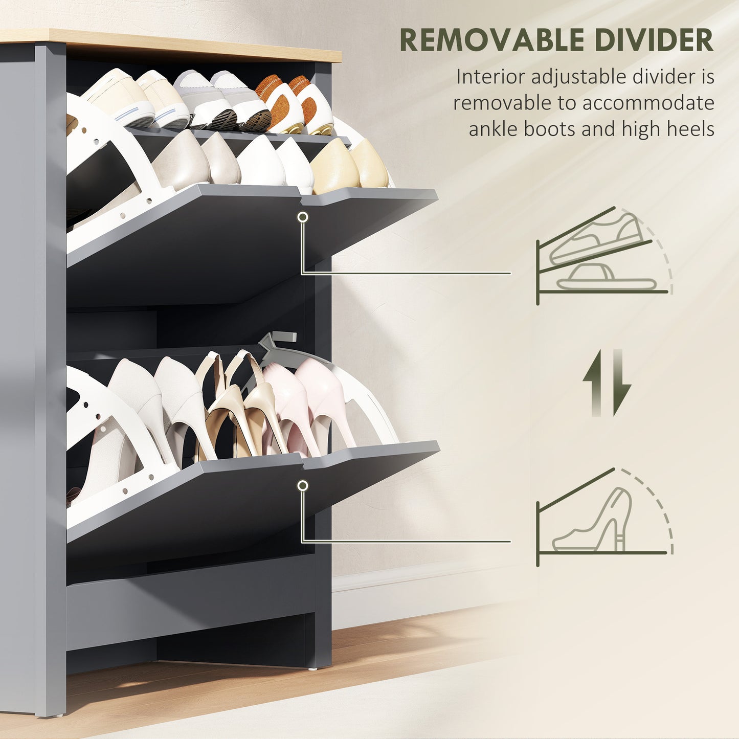 Slim Shoe Cabinet, Narrow Shoe Cupboard with 2 Flip Drawers, Adjustable Shelves for 12 Pairs of Shoes, Charcoal Grey