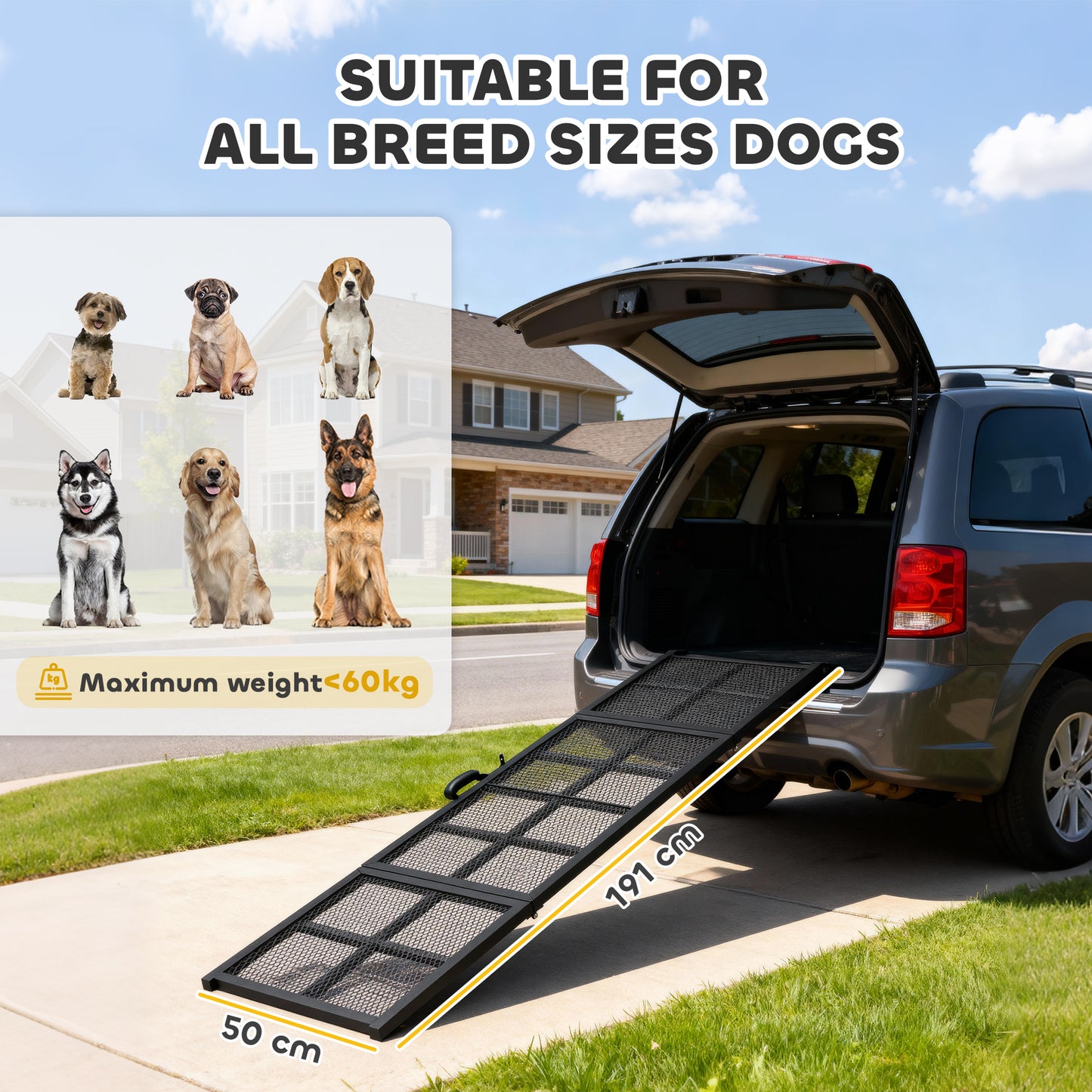 191 x 50cm Dog Ramp for Car, Extra Long Pet Stairs with Non-Slip Surface, for Large Dogs, Black