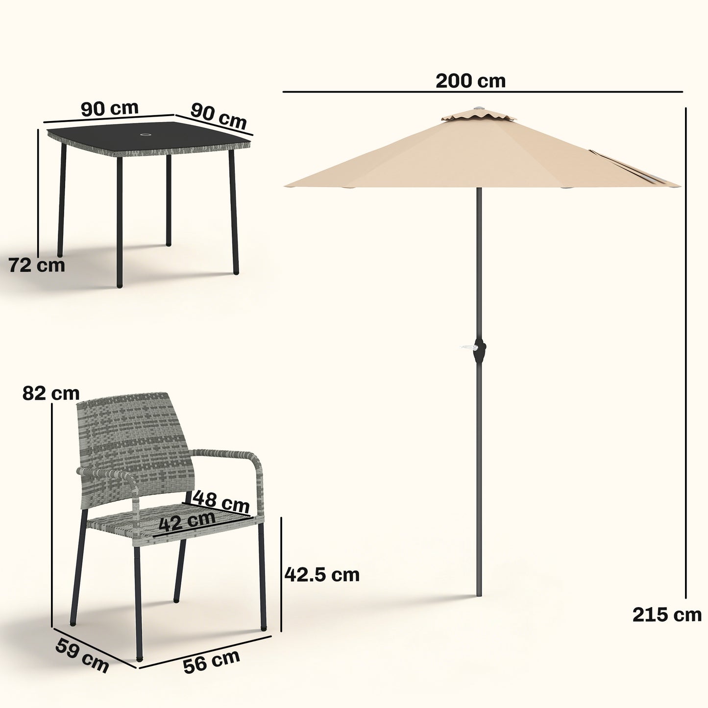 4 Seater Rattan Dining Set with Parasol, 6 Piece Garden Table and Stackable Chairs with Tempered Glass Tabletop